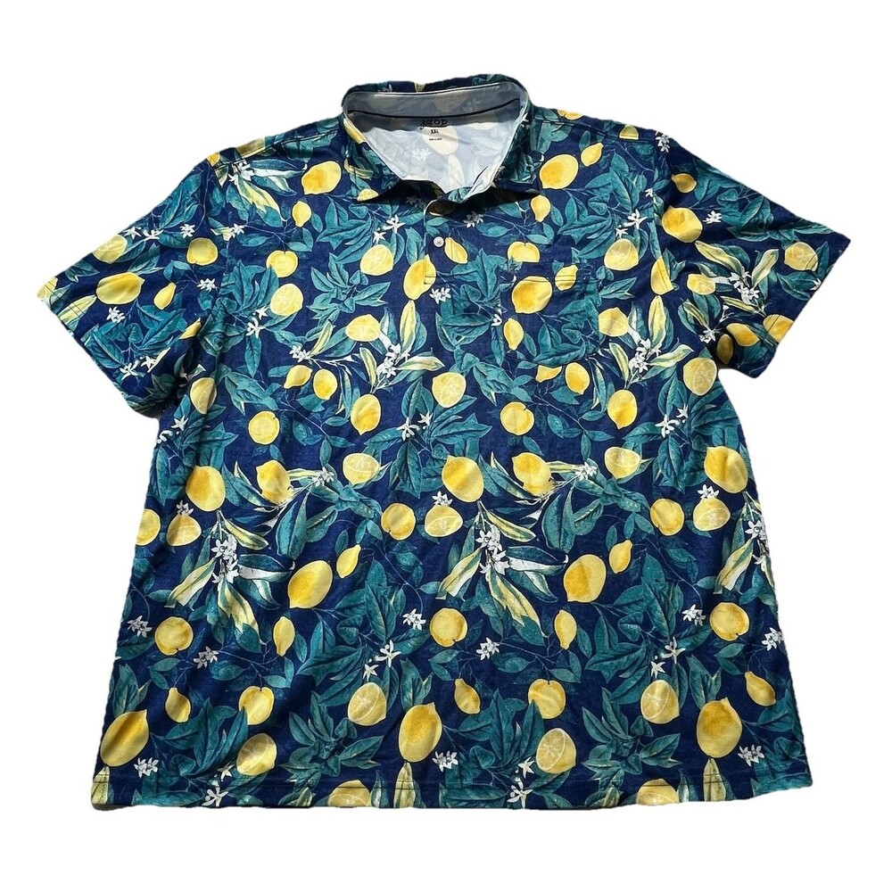 IZOD Polo Mens XXL Lemon AOP Saltwater Sunshield Performance Athleisure Outdoor